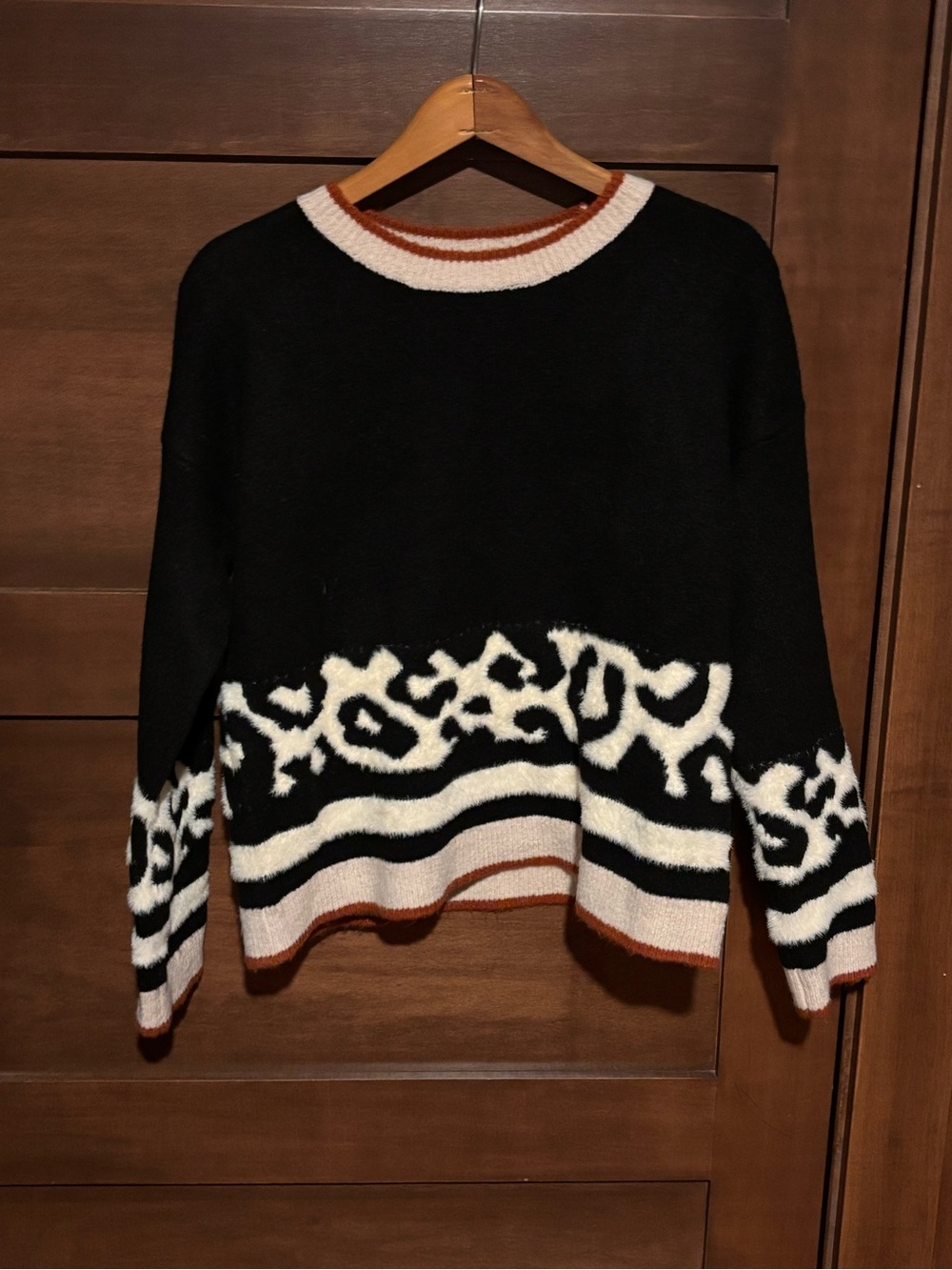 Hem & Thread Black Crewneck Sweater with Cream and Tan Trim